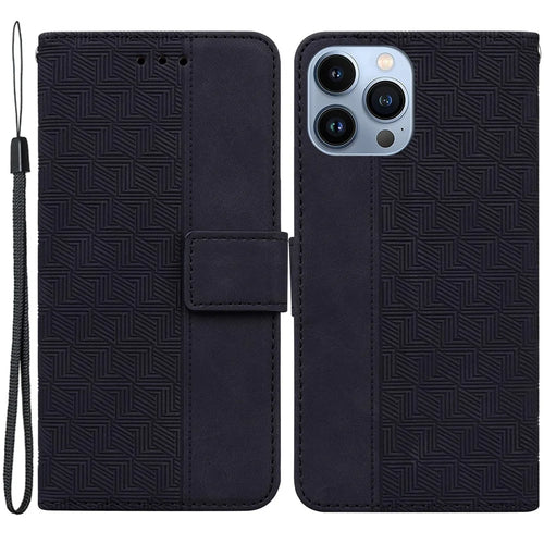 For iPhone 15 Pro Geometry Imprinted PU Leather Wallet Stand Phone Shell Mobile Case - Black - 1