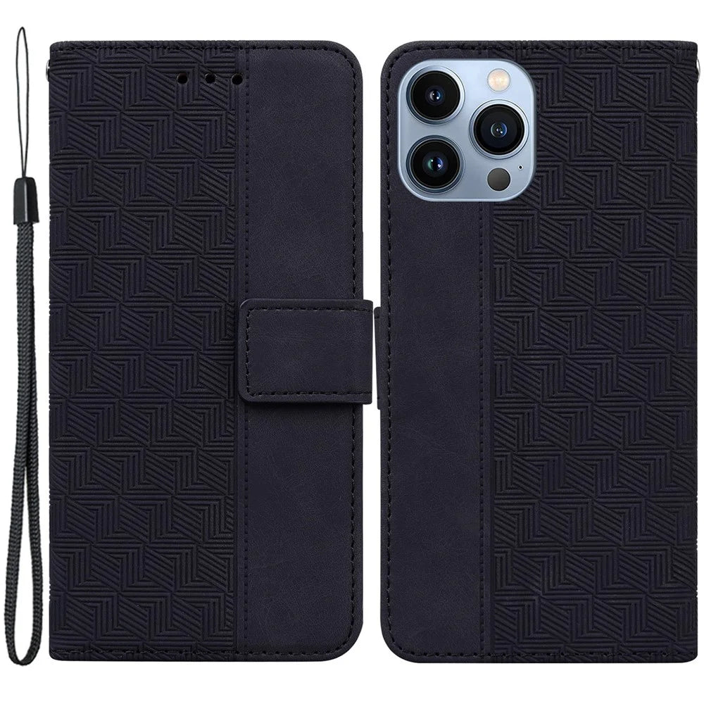 For iPhone 15 Pro Geometry Imprinted PU Leather Wallet Stand Phone Shell Mobile Case - Black - 1