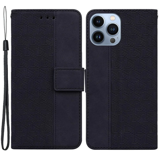 For iPhone 15 Pro Geometry Imprinted PU Leather Wallet Stand Phone Shell Mobile Case - Black - 1