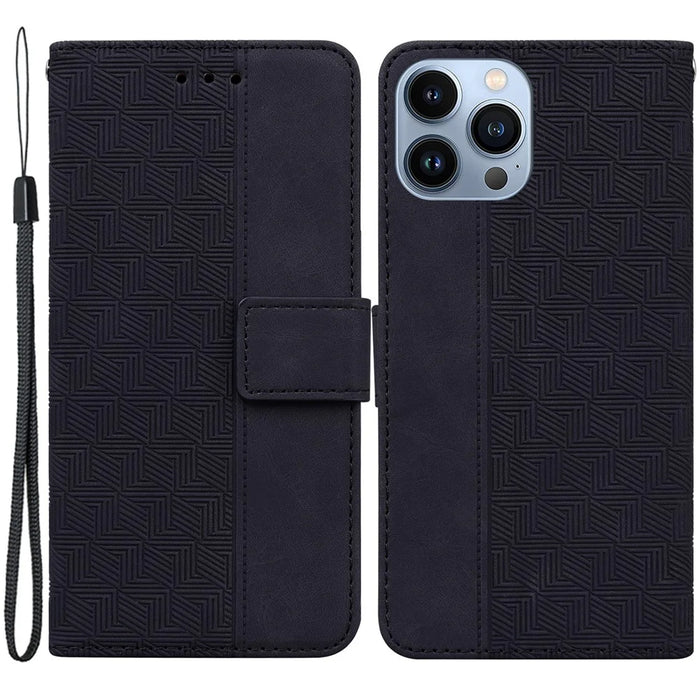 For iPhone 15 Pro Geometry Imprinted PU Leather Wallet Stand Phone Shell Mobile Case - Black - 1