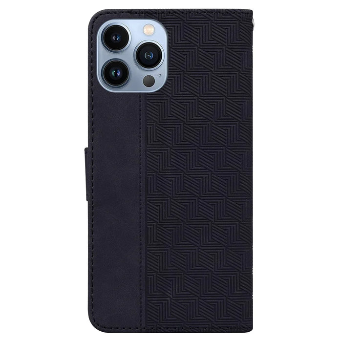 For iPhone 15 Pro Geometry Imprinted PU Leather Wallet Stand Phone Shell Mobile Case - Black - 7