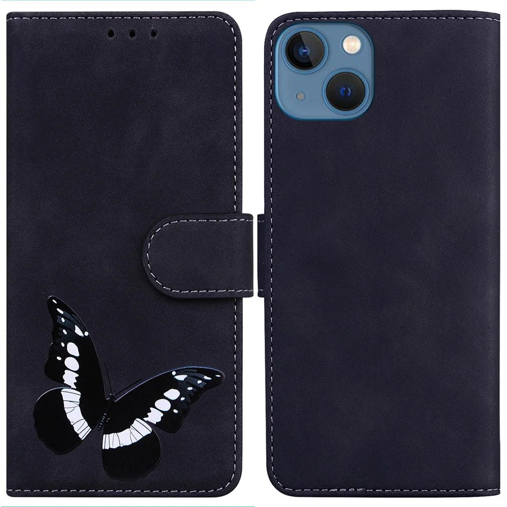 PU Leather Shell for iPhone 15 Plus Butterfly Printing Anti-scratch Flip Stand Wallet Case Phone Cover - Black - 1