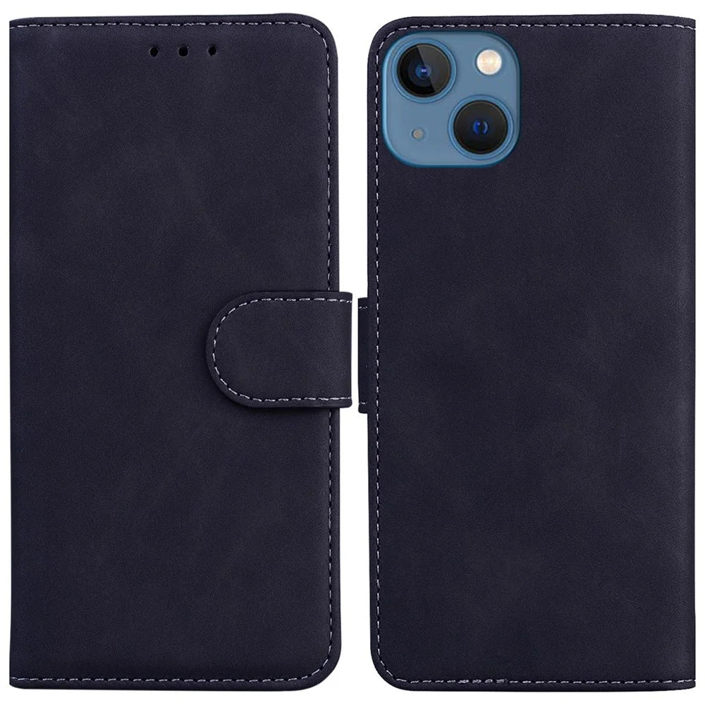 For iPhone 15 Plus Solid Color Mobile Phone Cover Dustproof Phone Case Stand PU Leather Wallet - Black - 1