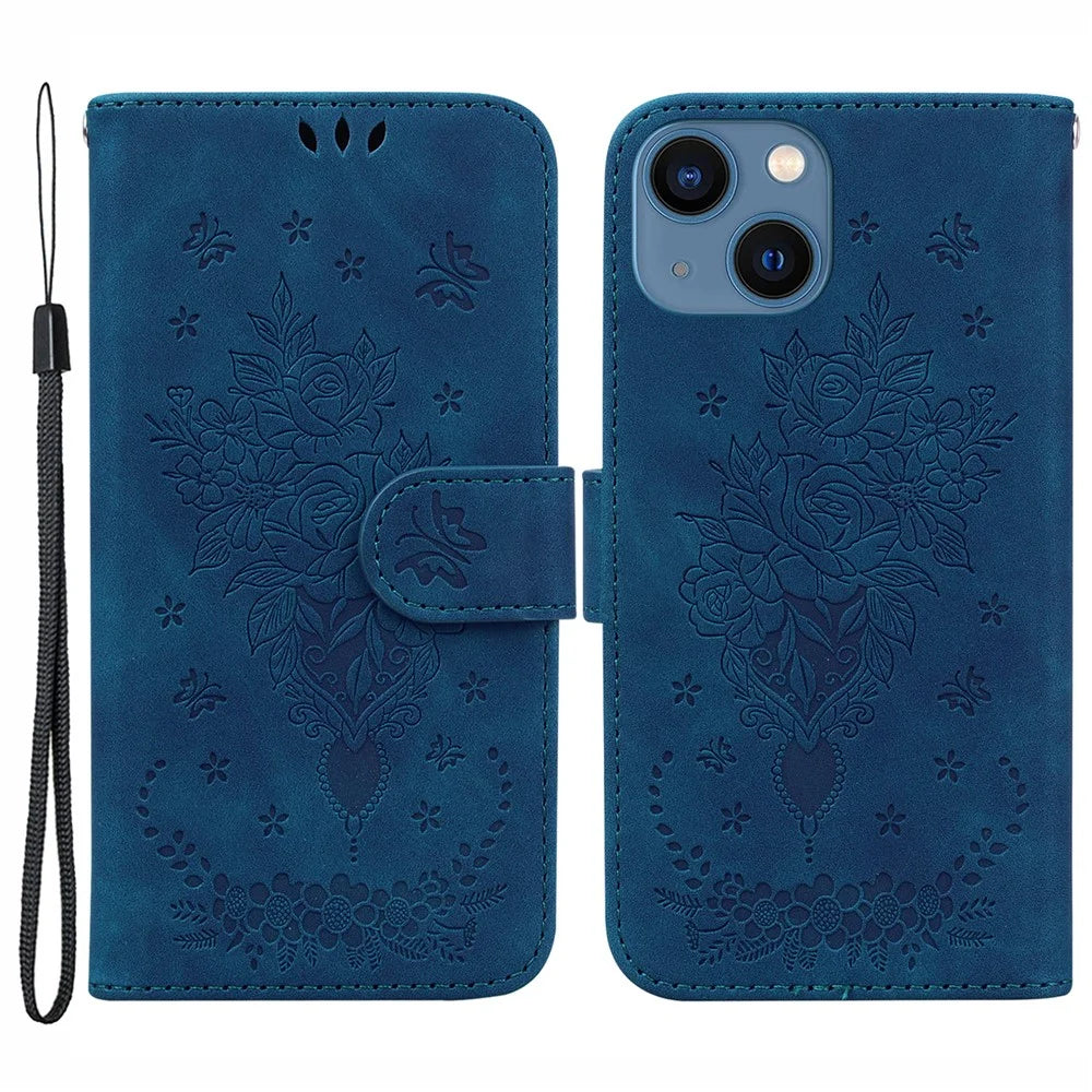Stand Wallet Phone Case for iPhone 15 Plus , Rose Butterfly Imprinted Phone Leather Cover - Blue - 1