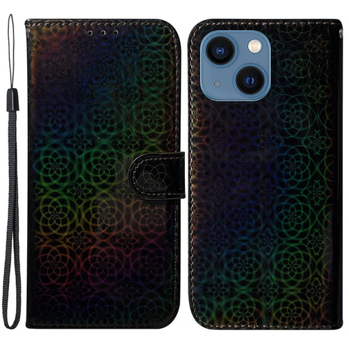 Dazzling Flower Pattern Phone Cover for iPhone 15 Plus , Stand Wallet PU Leather Case - Black - 1