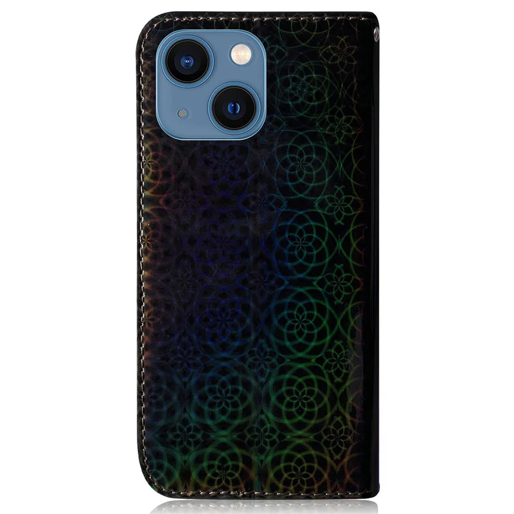 Dazzling Flower Pattern Phone Cover for iPhone 15 Plus , Stand Wallet PU Leather Case - Black - 7