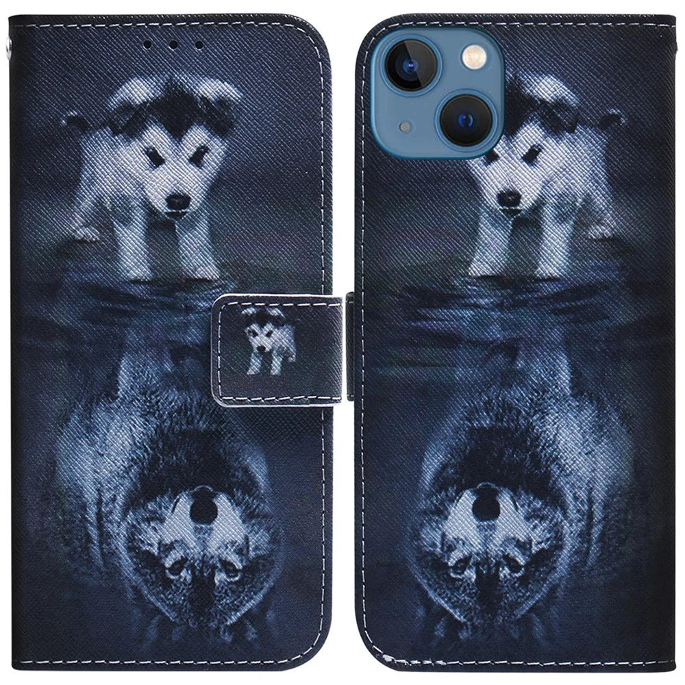 For iPhone 15 Plus Phone Case Pattern Printing PU Leather Stand Flip Wallet Cover - Dog and Wolf - 1