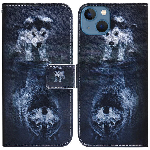 For iPhone 15 Plus Phone Case Pattern Printing PU Leather Stand Flip Wallet Cover - Dog and Wolf - 1