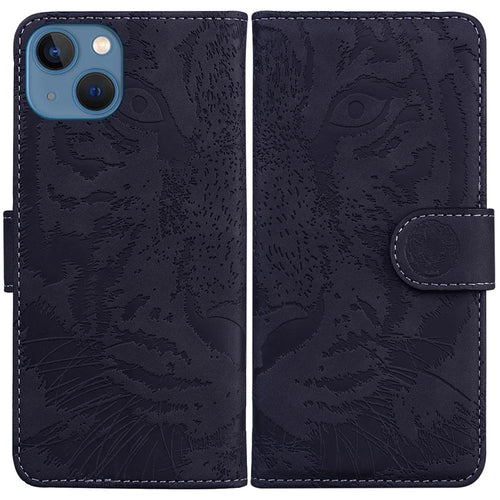 For iPhone 15 Plus PU Leather Imprinted Tiger Phone Case Wallet Stand Anti-drop Cover - Black - 1