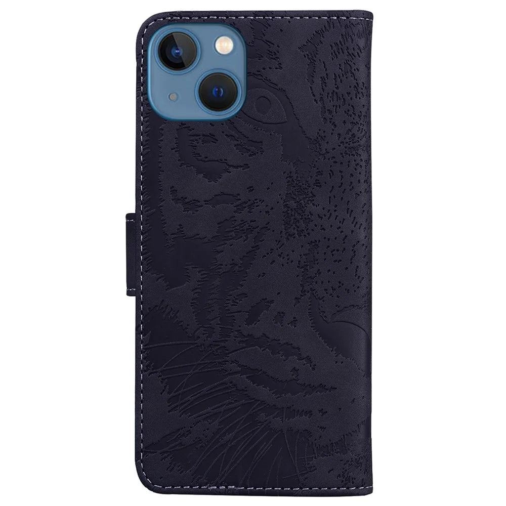 For iPhone 15 Plus PU Leather Imprinted Tiger Phone Case Wallet Stand Anti-drop Cover - Black - 7