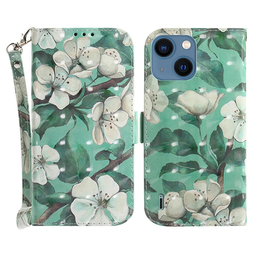 For iPhone 15 Plus PU Leather Fully Wrapped Wallet Cover 3D Pattern Printed Stand Phone Case with Strap - Watercolor Flowers - 1