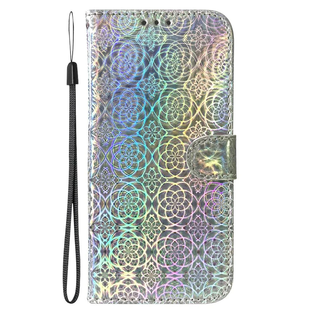 Wallet Leather Case for iPhone 15 , Stand Dazzling Flower Pattern Phone Cover - Grey - 6