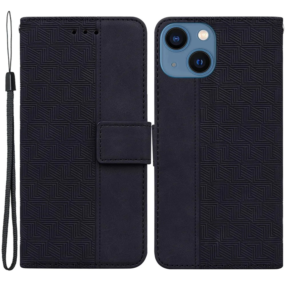 For iPhone 15 Geometry Imprinted PU Leather Wallet Stand Phone Shell Shockproof Mobile Case - Black - 1