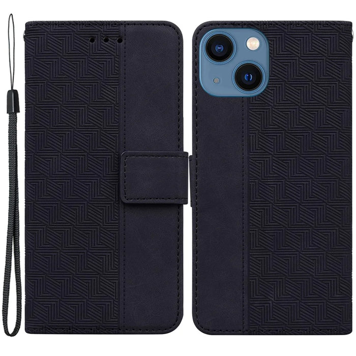 For iPhone 15 Geometry Imprinted PU Leather Wallet Stand Phone Shell Shockproof Mobile Case - Black - 1