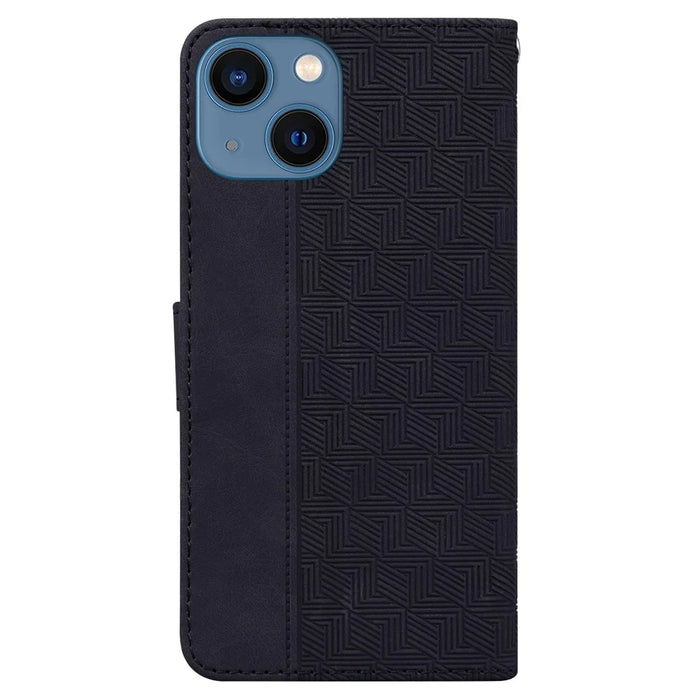 For iPhone 15 Geometry Imprinted PU Leather Wallet Stand Phone Shell Shockproof Mobile Case - Black - 7