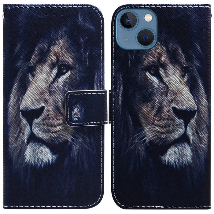 For iPhone 15 Pattern Printing Flip Cover PU Leather Stand Wallet Phone Case - Lion - 1