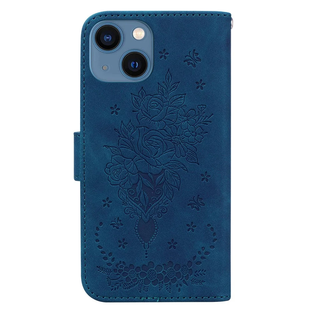 Rose Butterfly Imprinted Leather Case for iPhone 15 , Stand Wallet Protective Phone Cover - Blue - 7