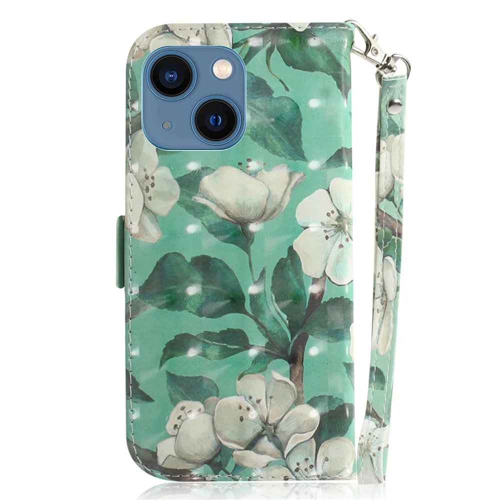 Anti-scratch Wallet Cover for iPhone 15 PU Leather 3D Pattern Printed Stand Phone Case with Strap - Watercolor Flowers - 7