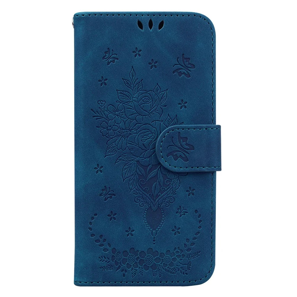 For Samsung Galaxy M54 5G / F54 5G Leather Wallet Stand Phone Case Imprinted Rose Butterfly Shell - Blue - 6