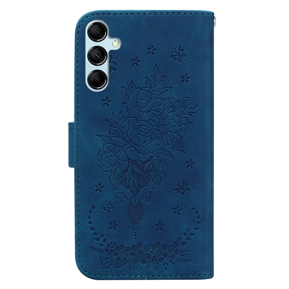 For Samsung Galaxy M54 5G / F54 5G Leather Wallet Stand Phone Case Imprinted Rose Butterfly Shell - Blue - 7