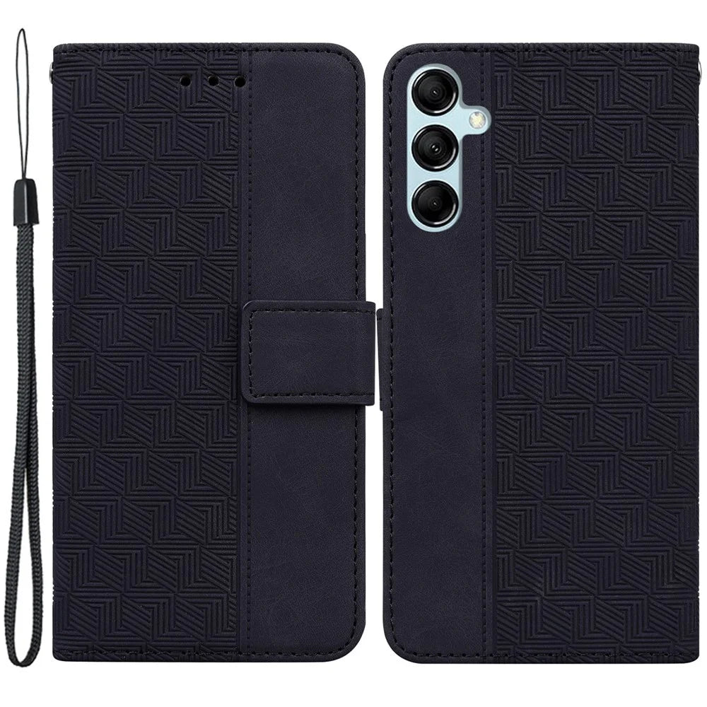 For Samsung Galaxy M54 5G / F54 5G Wallet PU Leather Cover Geometry Imprinted Stand Phone Case - Black - 1