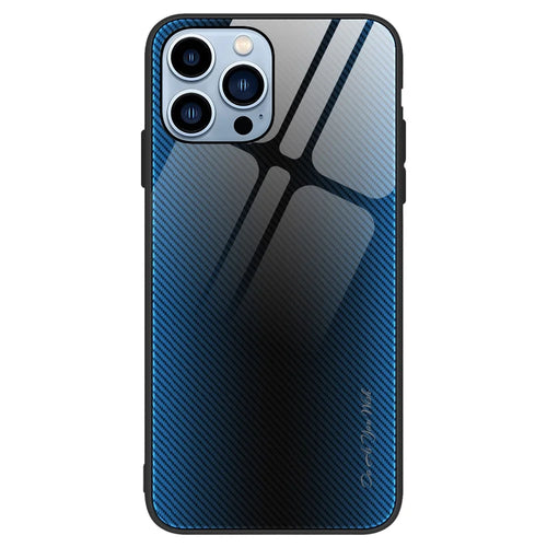 Phone Cover for iPhone 15 Pro Max Carbon Fiber Texture Tempered Glass+Soft TPU Phone Case - Baby Blue - 1