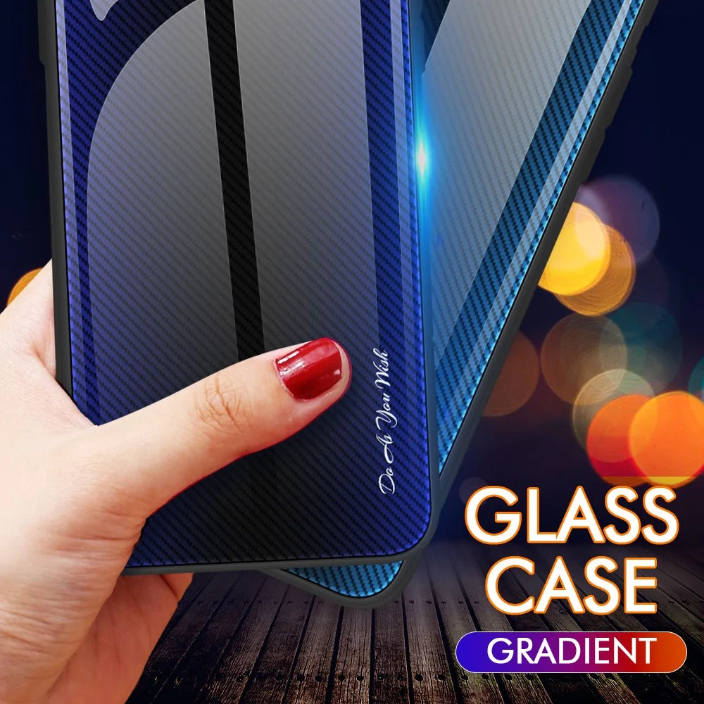 Phone Cover for iPhone 15 Pro Max Carbon Fiber Texture Tempered Glass+Soft TPU Phone Case - Baby Blue - 4