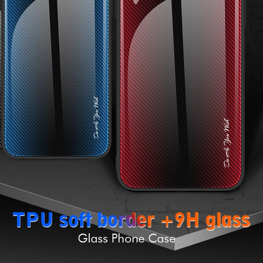 Phone Cover for iPhone 15 Pro Max Carbon Fiber Texture Tempered Glass+Soft TPU Phone Case - Baby Blue - 5
