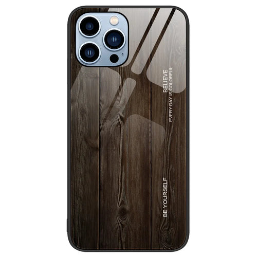For iPhone 15 Pro Wood Grain Pattern Tempered Glass + TPU Cover Anti-scratch Phone Case - Black - 1