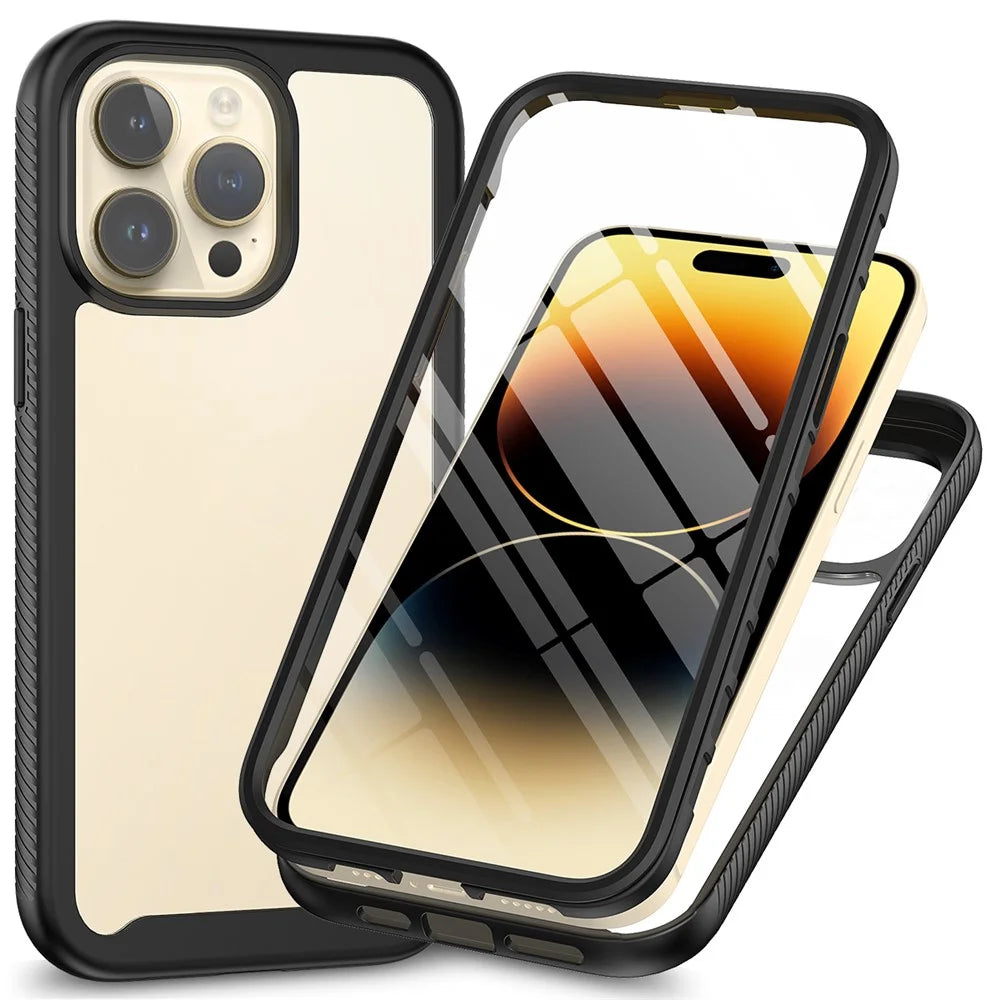 For iPhone 15 Pro Max 3-in-1 Full Protection Phone Case TPU+PC Cover with PET Screen Protector - Black - 1