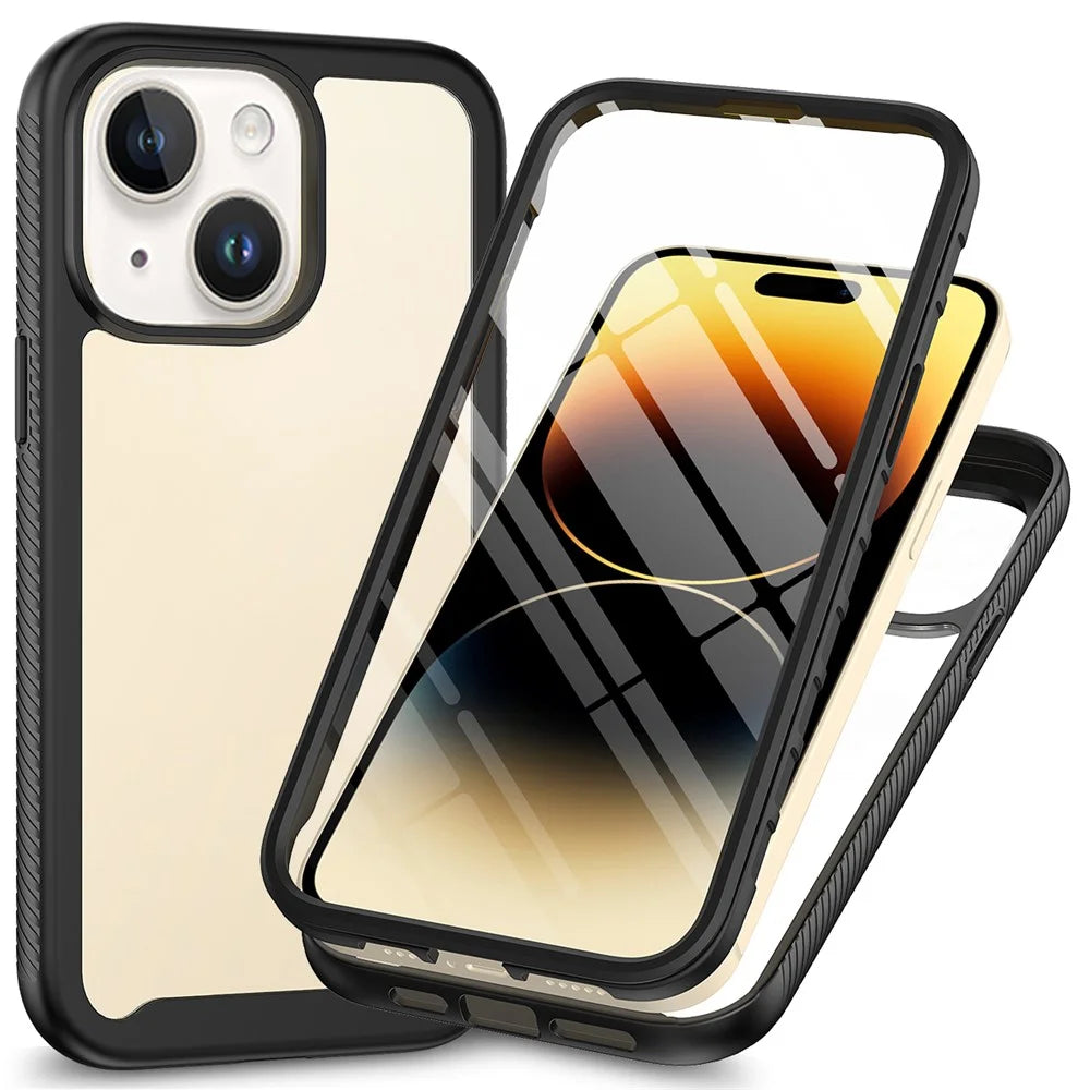 3-in-1 Phone Case for iPhone 15 Plus Full Protection TPU+PC Cover with PET Screen Protector - Black - 1