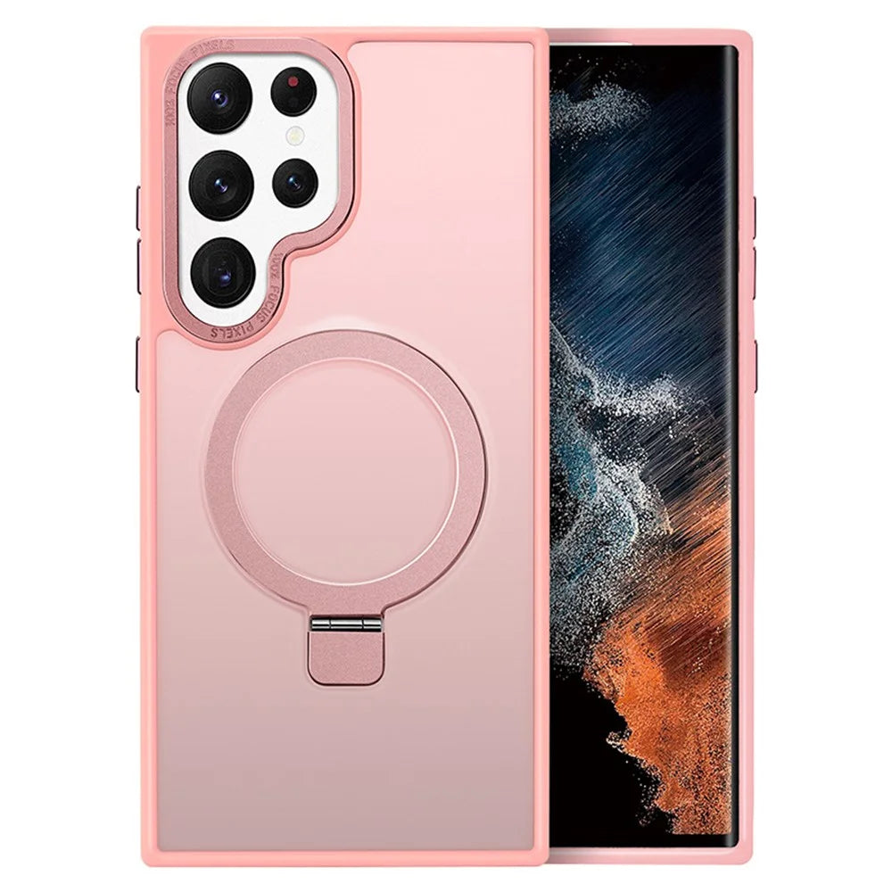 For Samsung Galaxy S23 Ultra Kickstand Case TPU+PC Matte Phone Cover Magnetic Case - Pink - 1