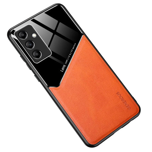For Samsung Galaxy M14 5G PU Leather Coated TPU+PC Anti-drop Phone Back Case with Car Mount Metal Sheet - Orange - 1