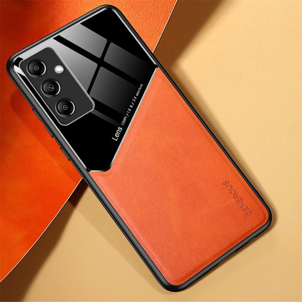 For Samsung Galaxy M14 5G PU Leather Coated TPU+PC Anti-drop Phone Back Case with Car Mount Metal Sheet - Orange - 2
