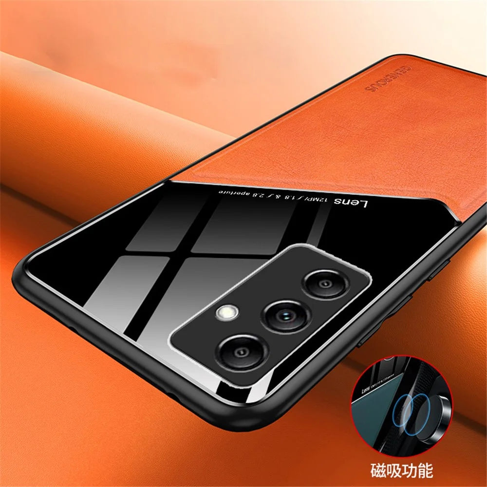 For Samsung Galaxy M14 5G PU Leather Coated TPU+PC Anti-drop Phone Back Case with Car Mount Metal Sheet - Orange - 3