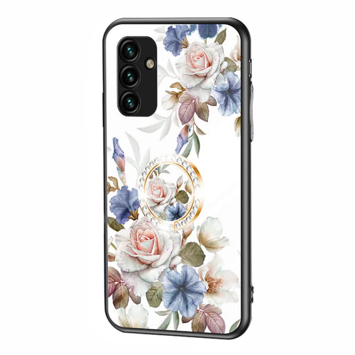 For Samsung Galaxy A14 5G / A14 4G Flower Pattern Phone Cover Tempered Glass+PC+TPU Case with Kickstand - White Flower Bush - 1