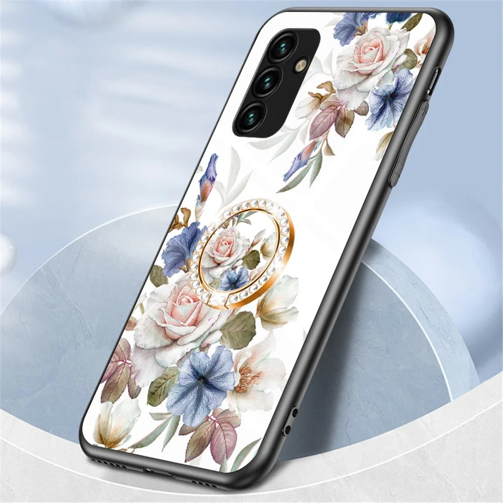 For Samsung Galaxy A14 5G / A14 4G Flower Pattern Phone Cover Tempered Glass+PC+TPU Case with Kickstand - White Flower Bush - 2