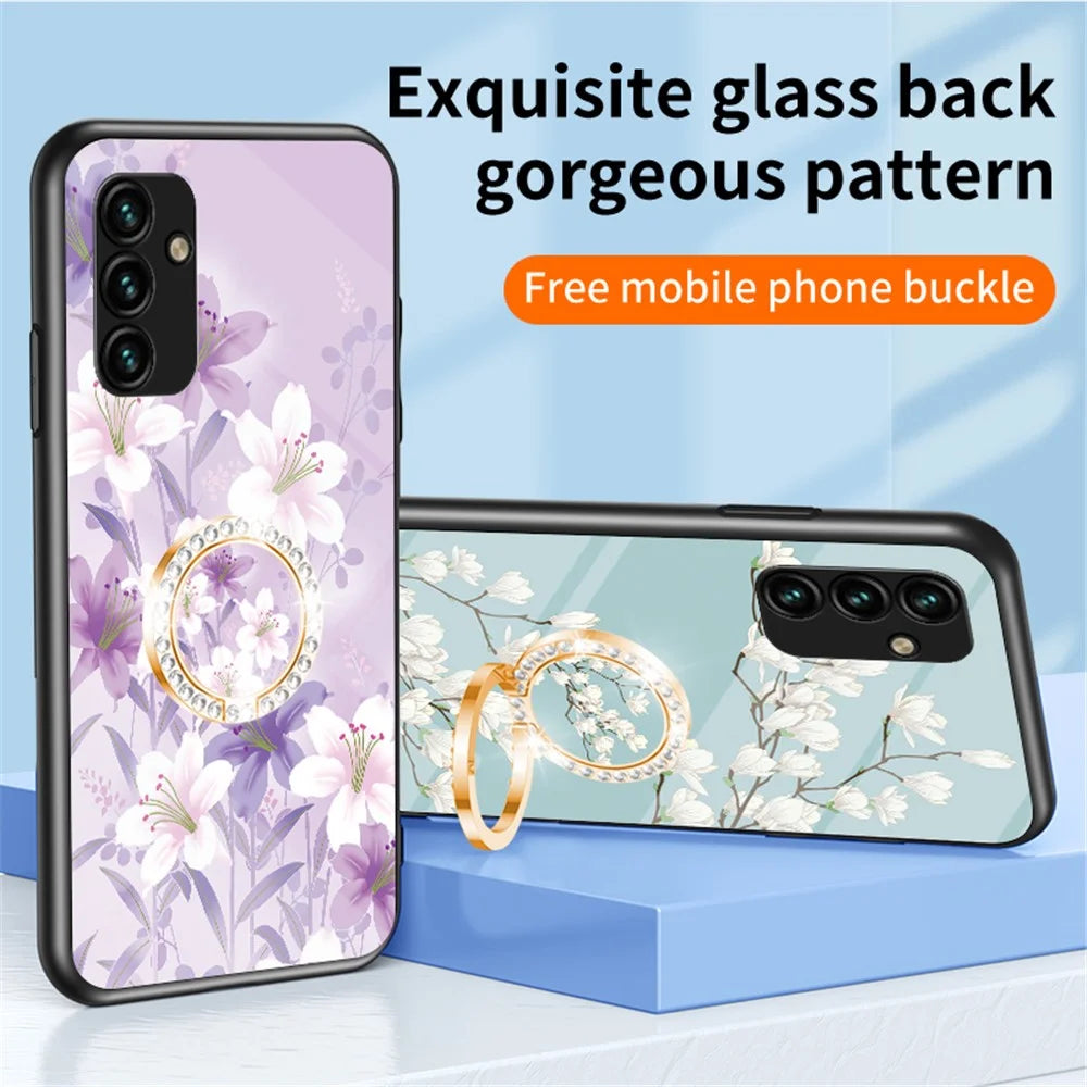 For Samsung Galaxy A14 5G / A14 4G Flower Pattern Phone Cover Tempered Glass+PC+TPU Case with Kickstand - White Flower Bush - 3