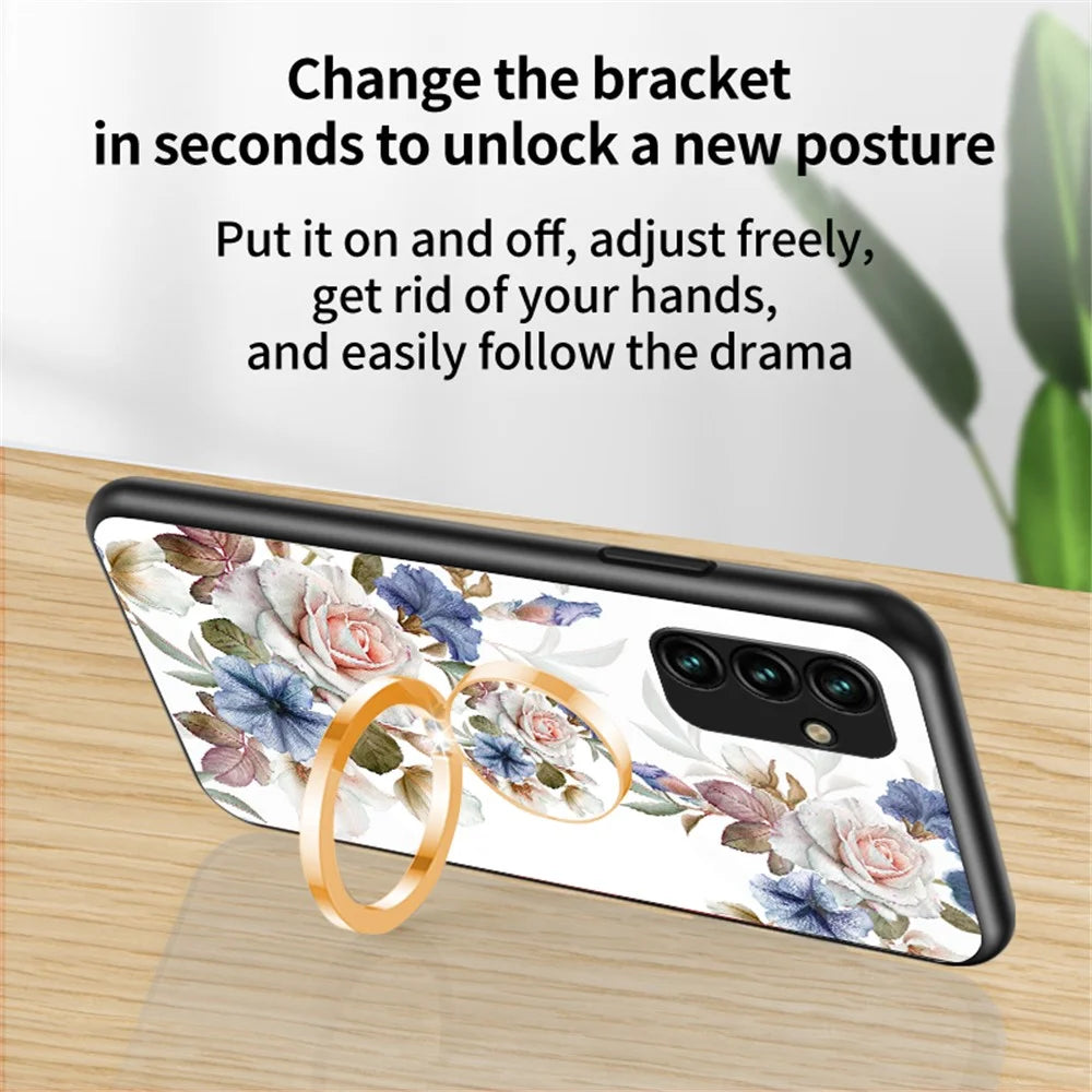 For Samsung Galaxy A14 5G / A14 4G Flower Pattern Phone Cover Tempered Glass+PC+TPU Case with Kickstand - White Flower Bush - 4