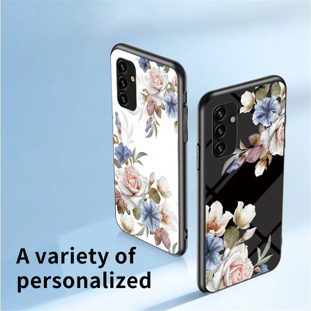 For Samsung Galaxy A14 5G / A14 4G Flower Pattern Phone Cover Tempered Glass+PC+TPU Case with Kickstand - White Flower Bush - 5