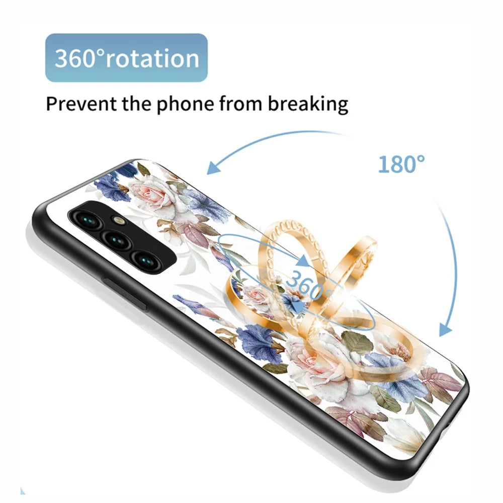 For Samsung Galaxy A14 5G / A14 4G Flower Pattern Phone Cover Tempered Glass+PC+TPU Case with Kickstand - White Flower Bush - 6