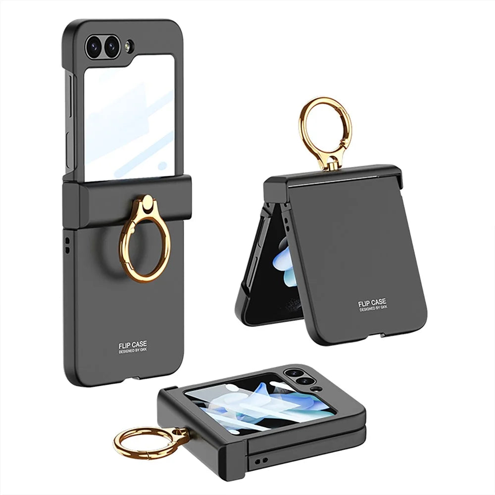 GKK For Samsung Galaxy Z Flip5 5G All-inclusive Hinge Phone Shell Tempered Glass Film Plastic Phone Case with Ring Holder - Black - 1