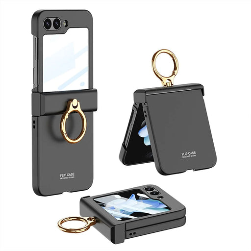 GKK For Samsung Galaxy Z Flip5 5G All-inclusive Hinge Phone Shell Tempered Glass Film Plastic Phone Case with Ring Holder - Black - 1