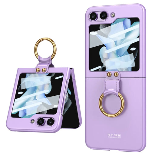 GKK For Samsung Galaxy Z Flip5 5G Plastic Phone Case Tempered Glass Film Phone Shell with Ring Holder - Purple - 1