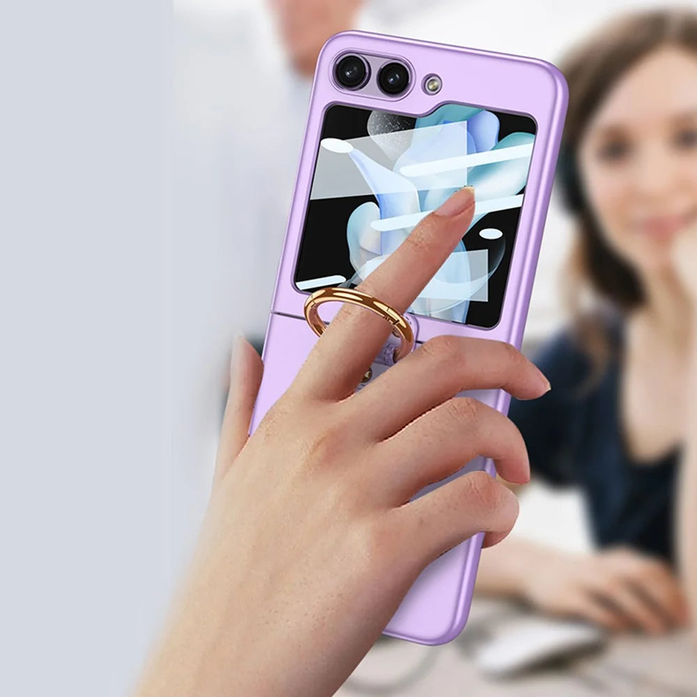 GKK For Samsung Galaxy Z Flip5 5G Plastic Phone Case Tempered Glass Film Phone Shell with Ring Holder - Purple - 3