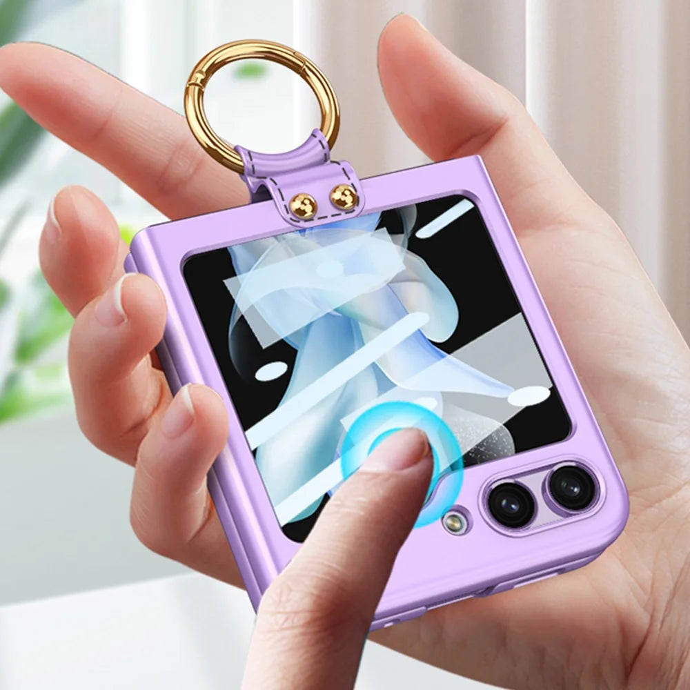 GKK For Samsung Galaxy Z Flip5 5G Plastic Phone Case Tempered Glass Film Phone Shell with Ring Holder - Purple - 4