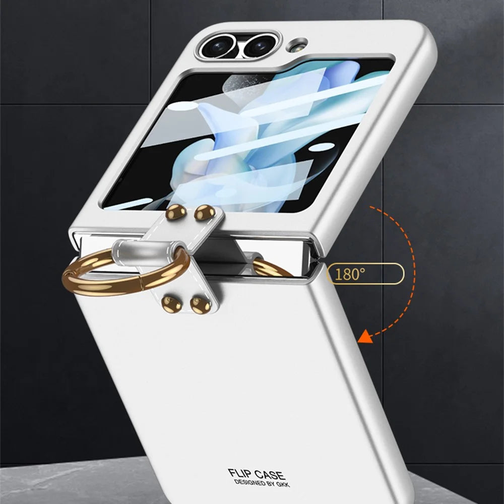 GKK For Samsung Galaxy Z Flip5 5G Plastic Phone Case Tempered Glass Film Phone Shell with Ring Holder - Purple - 5