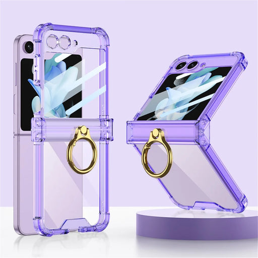 GKK For Samsung Galaxy Z Flip5 5G Ring Kickstand Phone Case Reinforced Corners TPU Cover with Tempered Glass Film - Transparent Purple - 1