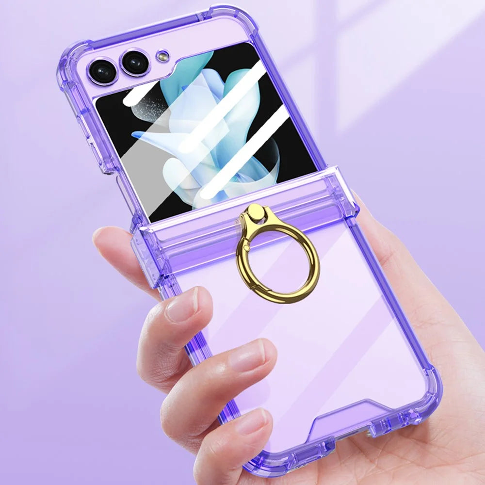GKK For Samsung Galaxy Z Flip5 5G Ring Kickstand Phone Case Reinforced Corners TPU Cover with Tempered Glass Film - Transparent Purple - 5