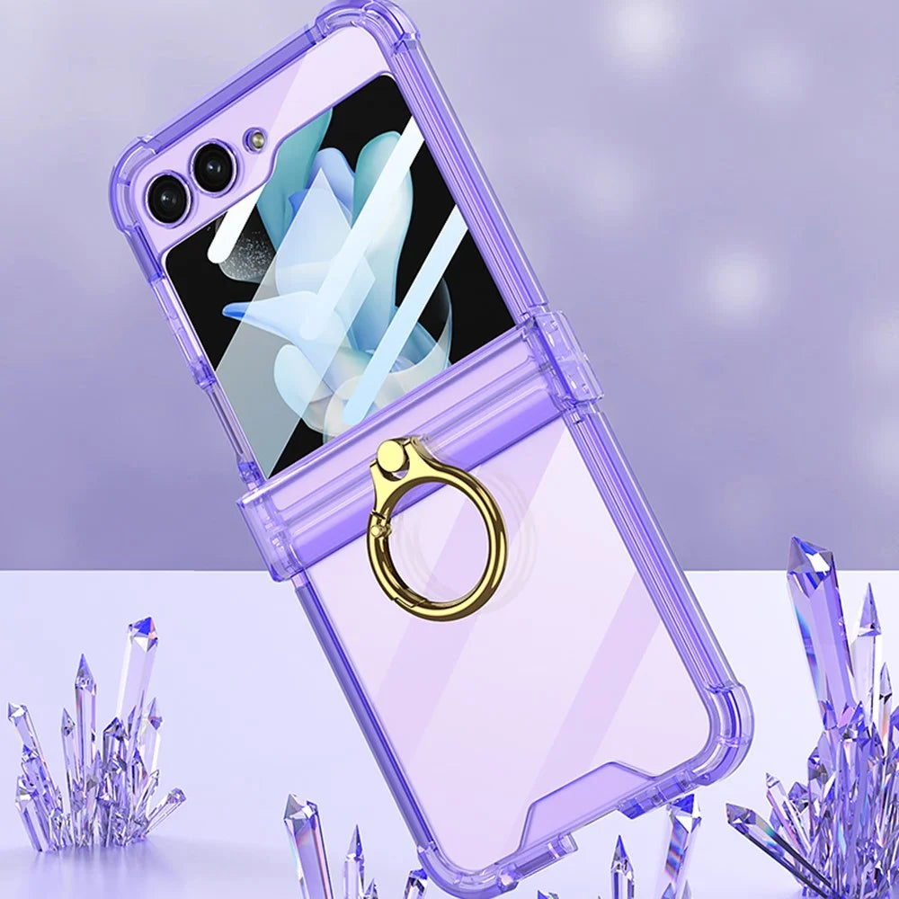 GKK For Samsung Galaxy Z Flip5 5G Ring Kickstand Phone Case Reinforced Corners TPU Cover with Tempered Glass Film - Transparent Purple - 6